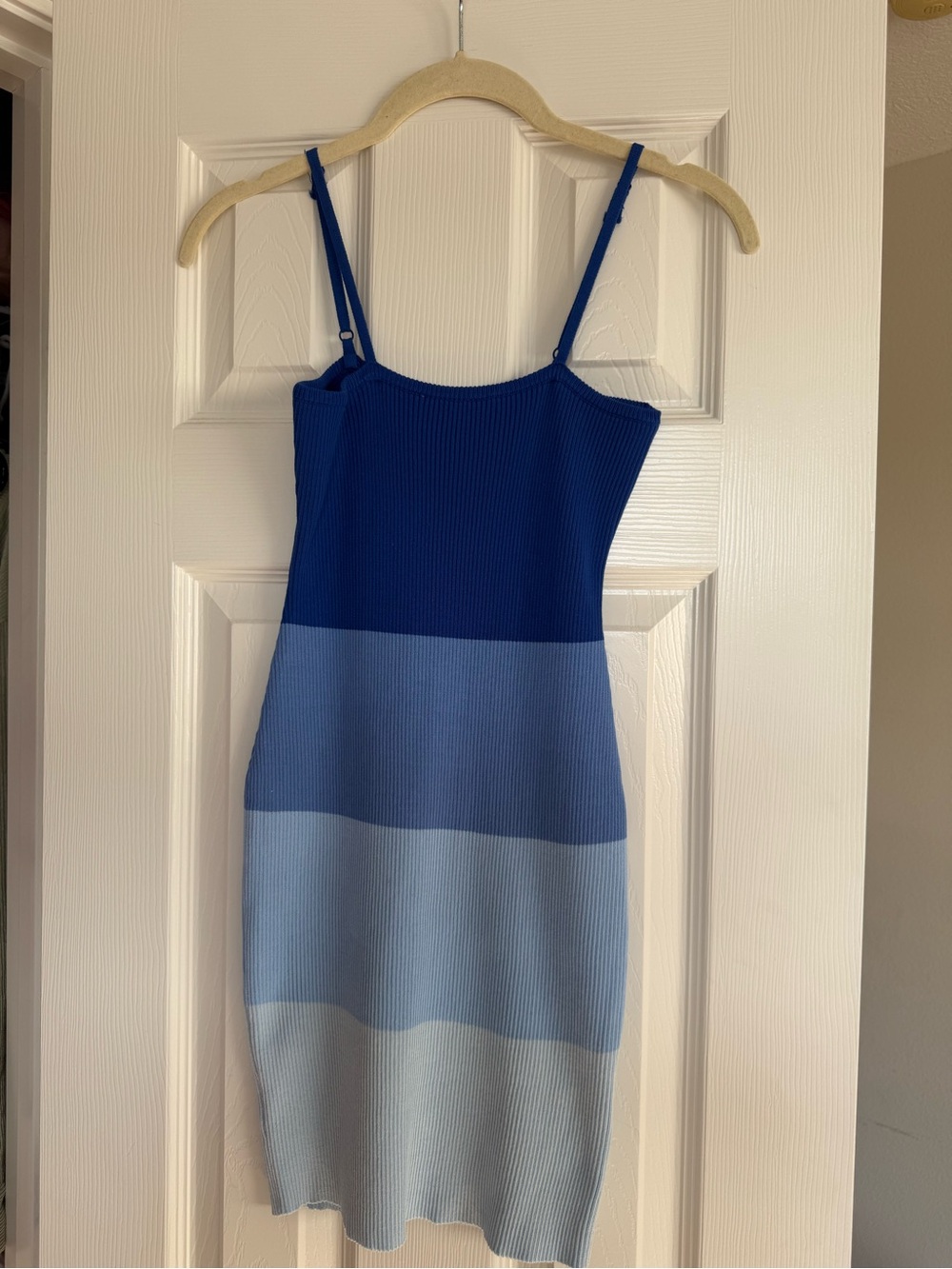 Striped Ribbed Spaghetti-Strap Midi Dress in Blue